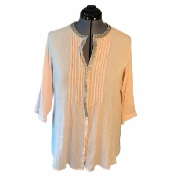 Chico’s Button Down Blouse Light Pink Beaded - Picture 2 of 9